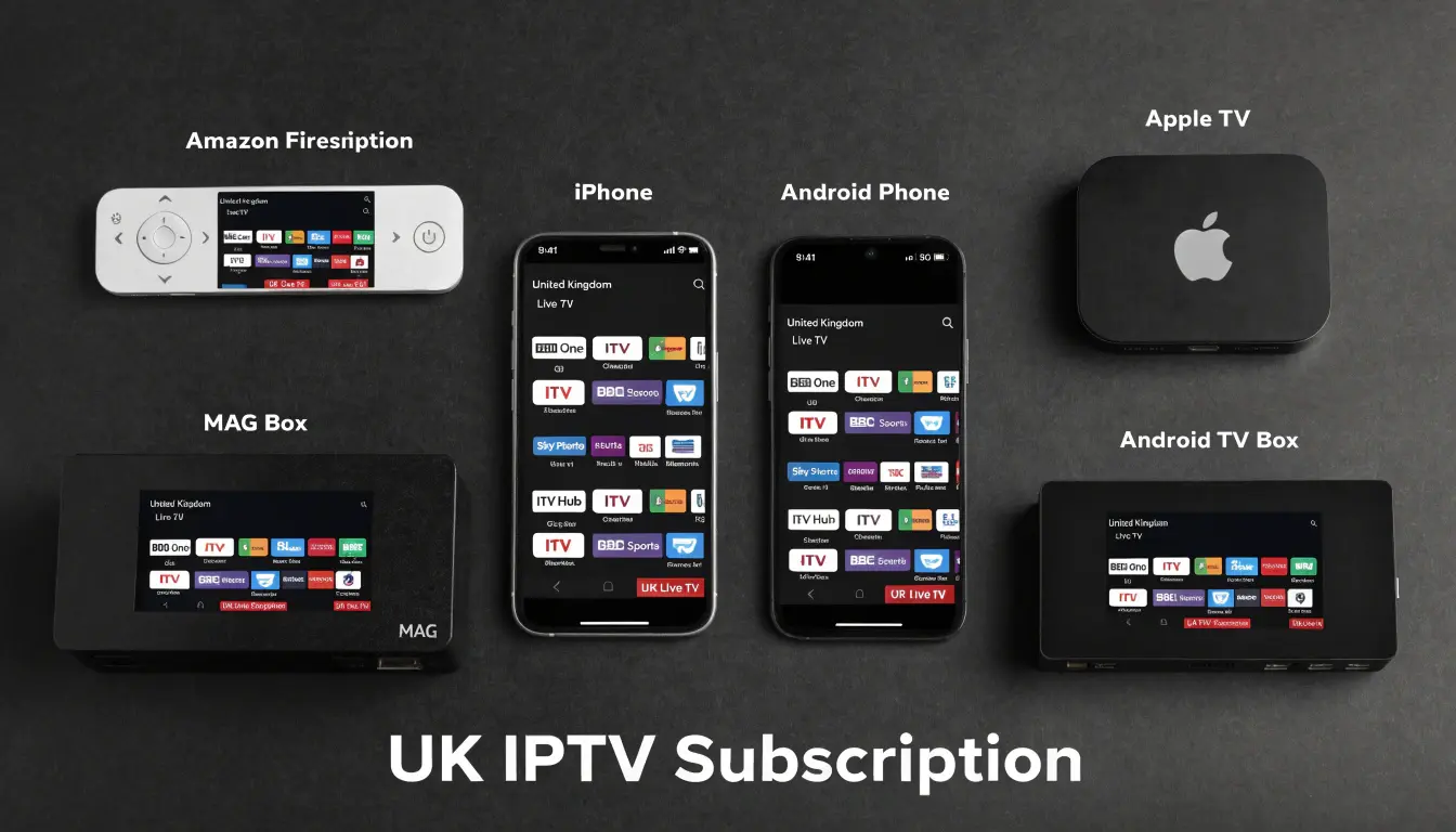 UK IPTV subscription running on Firestick, iPhone, Android, MAG box and Smart TV — United Kingdom IPTV multi-device support