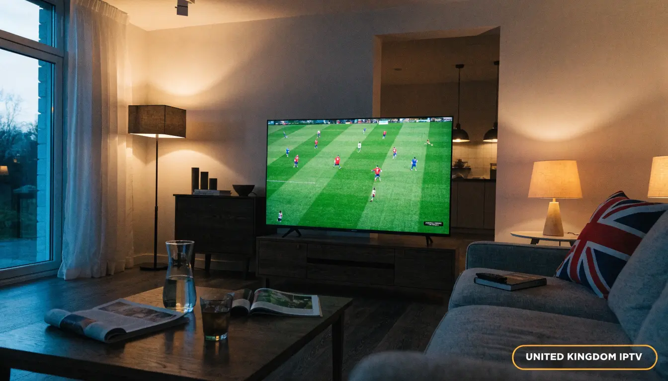 United Kingdom IPTV streaming 4K Premier League football on a Smart TV in a British living room